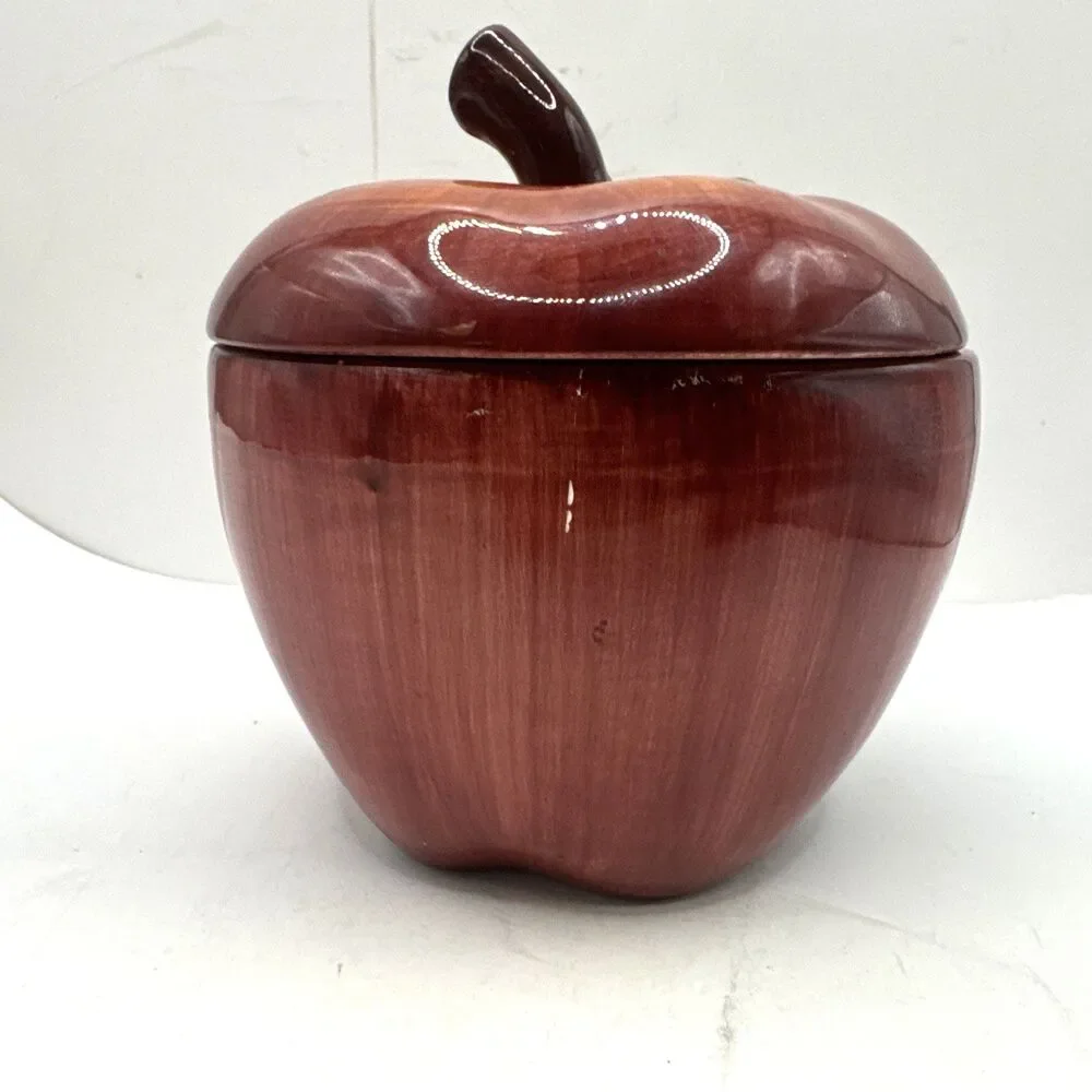 Vintage Red Apple Cookie Canister Jam Jar w/ Serving Utensil Opening